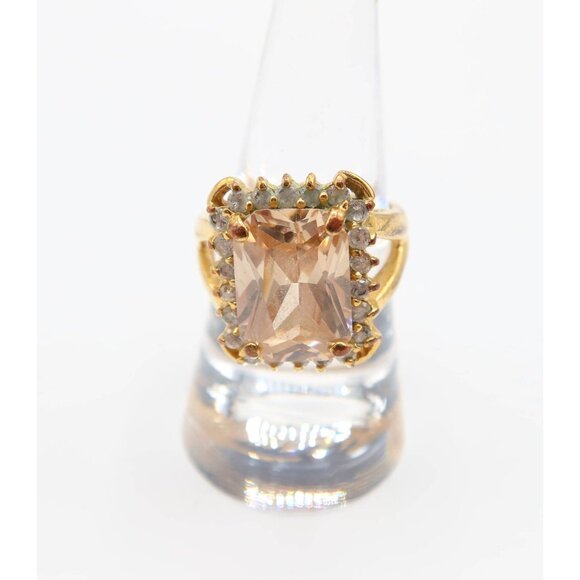 Pink Faceted Glass & Clear Rhinestone Cocktail Statement Gold Tone Ring Size 8 - Picture 2 of 6